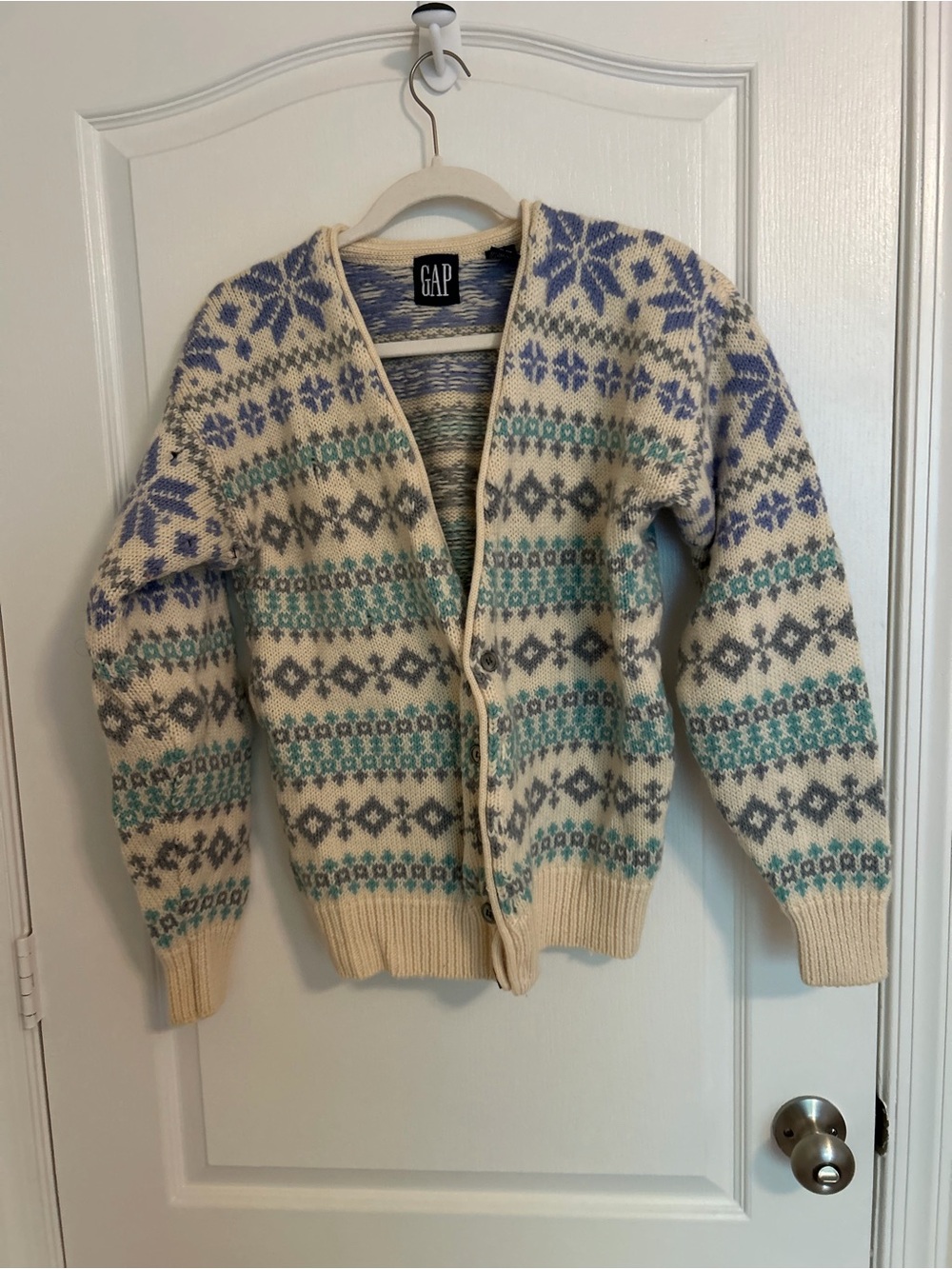 Vintage GAP Cream Fair Isle Cardigan Sweater with Blue & Teal Accents 100% Wool
